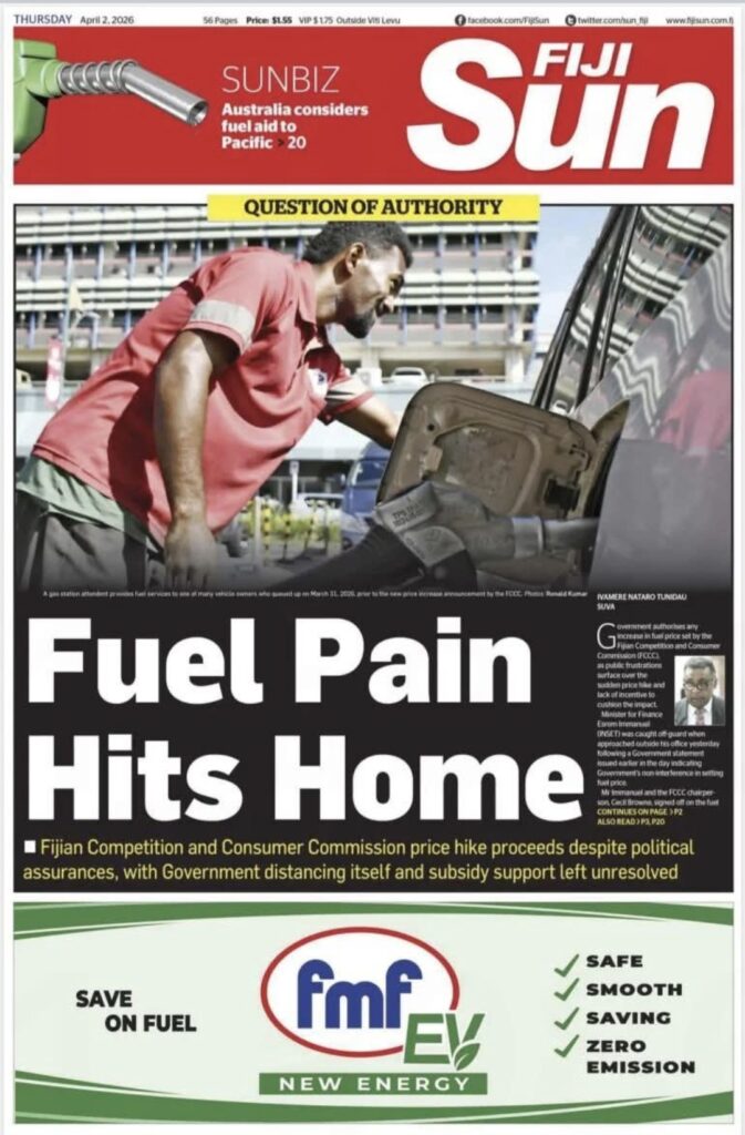 Titelseite The Fiji Times vom 2. April 2026 berichtet über die Fuel Crisis und die Energiekrise im Pazifik.